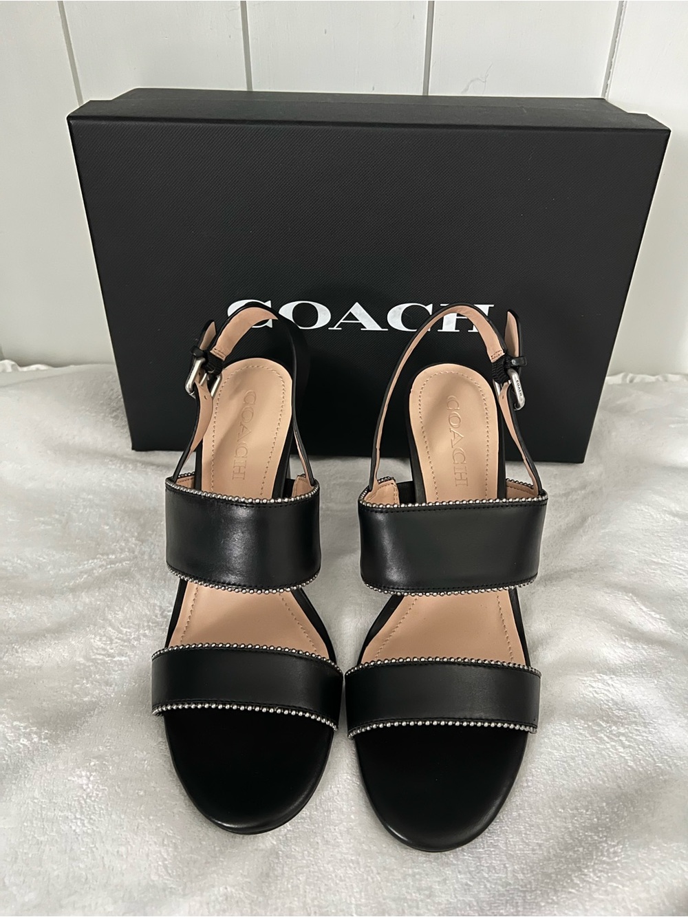 Coach Rylie Beadchain Black Leather Strap Sandals with Silver Trim